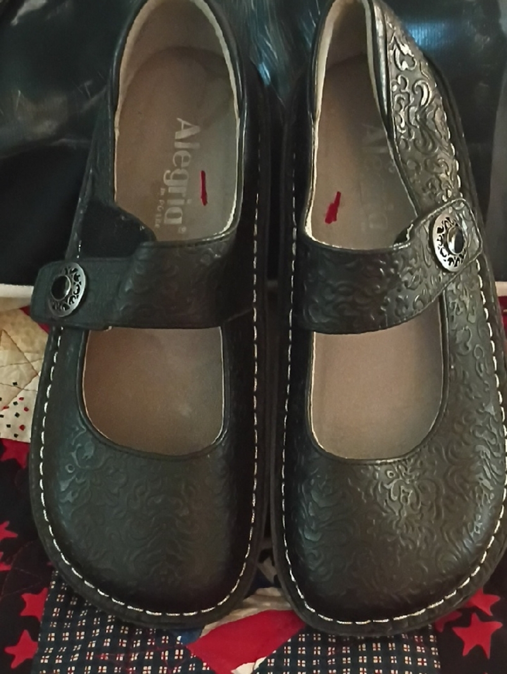Alegria Black Embossed Mary Jane Flats with Button Strap